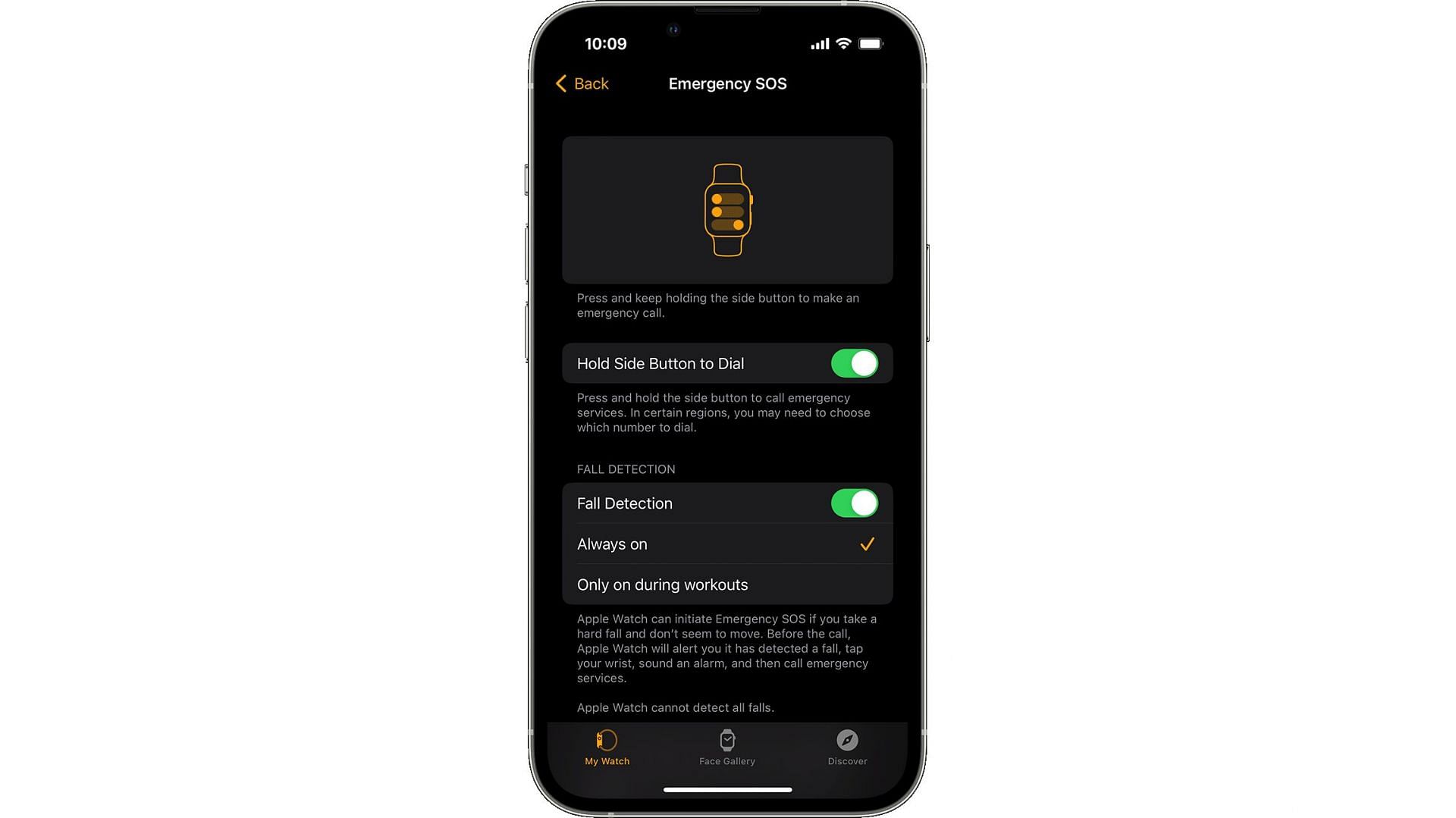 Enabling Fall Detection feature in Apple Watch via the iPhone (Image via Apple)