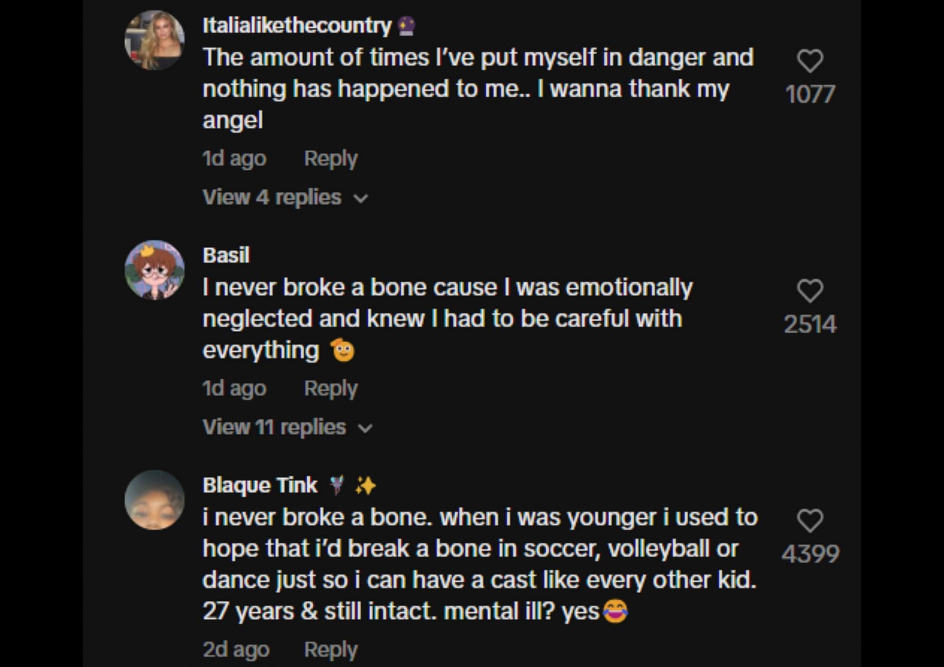 Netizens react to the never have broken a bone trend (Image via TikTok)