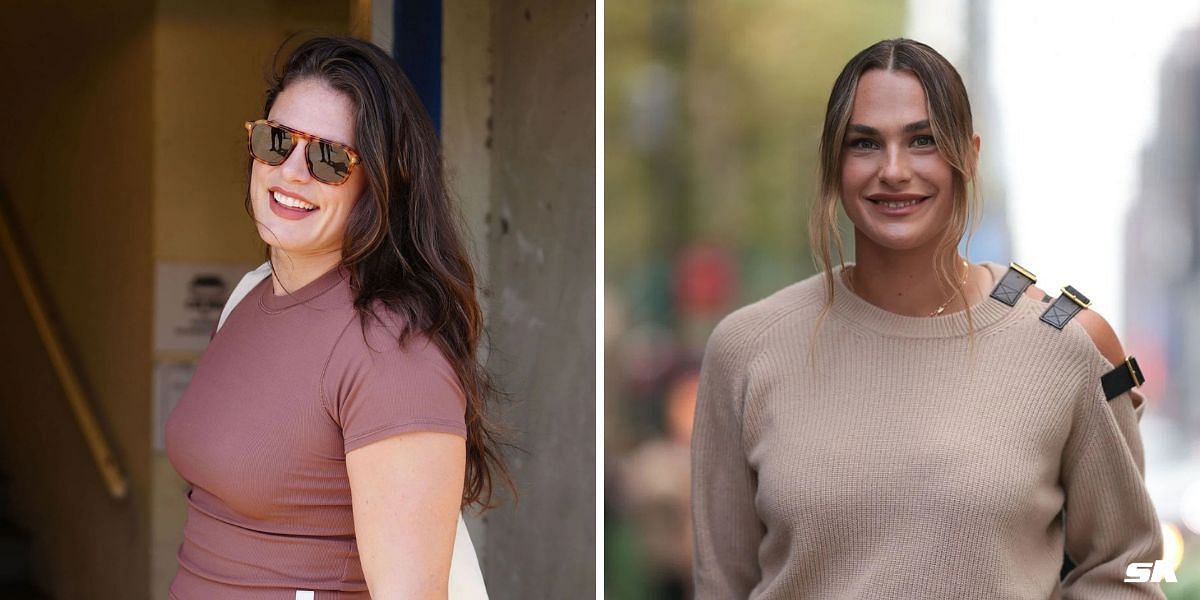 Ilona Maher reacts to Arya Sabalenka naming her as doubles partner. PHOTO: Both from Getty Images