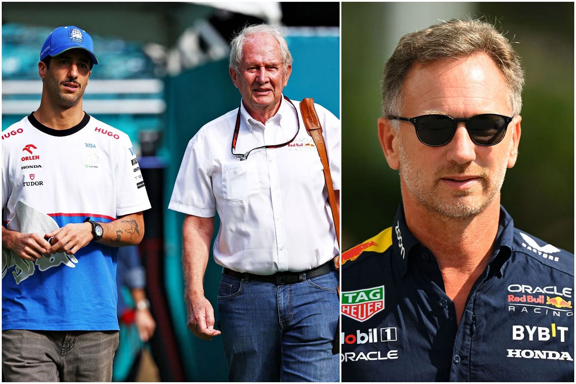 Daniel Ricciardo (L), Helmut Marko (C), and Christian Horner (R) (Image via Getty)