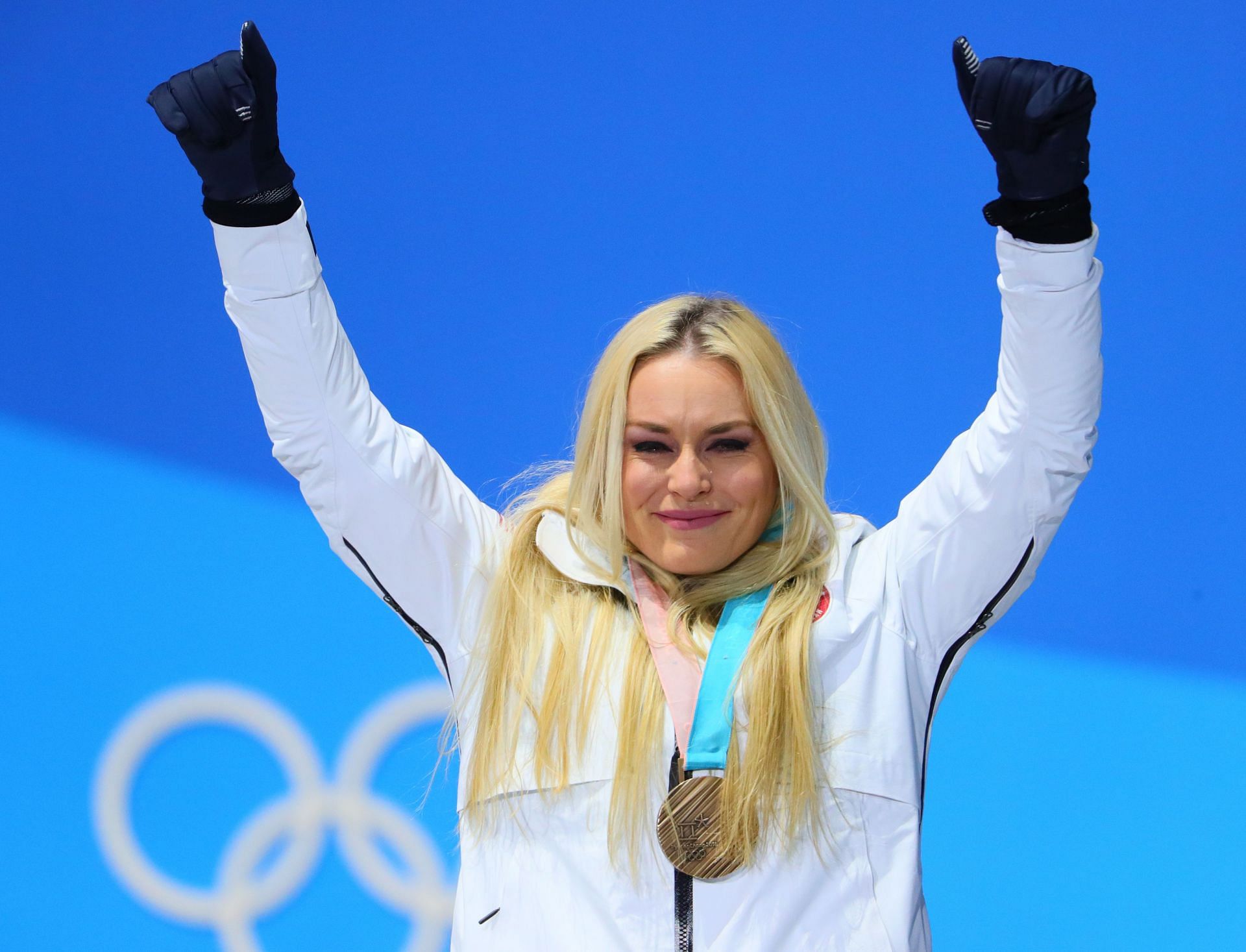 Lindsey Vonn during the award ceremony of the women&#039;s alpine skiing event of the 2018 Winter Olympics in Pyeongchang, South Korea. (Photo via Getty Images)