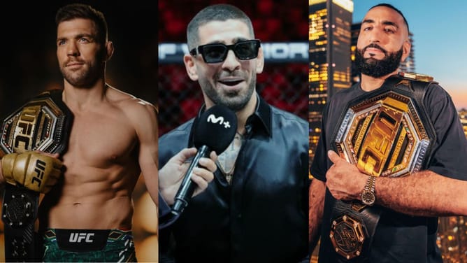 Dricus du Plessis cannot stop his laughter as fellow UFC champions Ilia Topuria and Belal Muhammad roast each other on social media