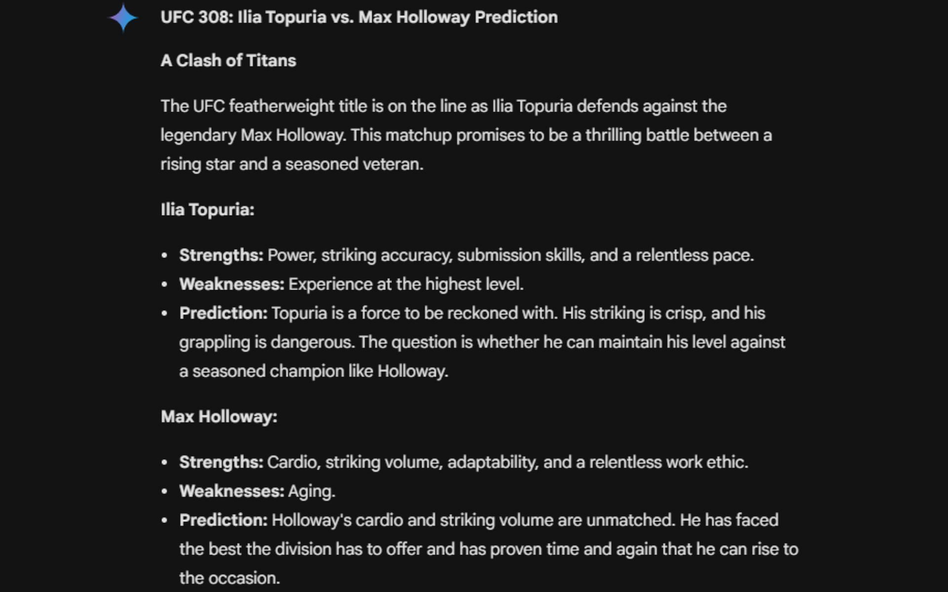 Screenshot of Google&#039;s AI prediction for Ilia Topuria vs. Max Holloway