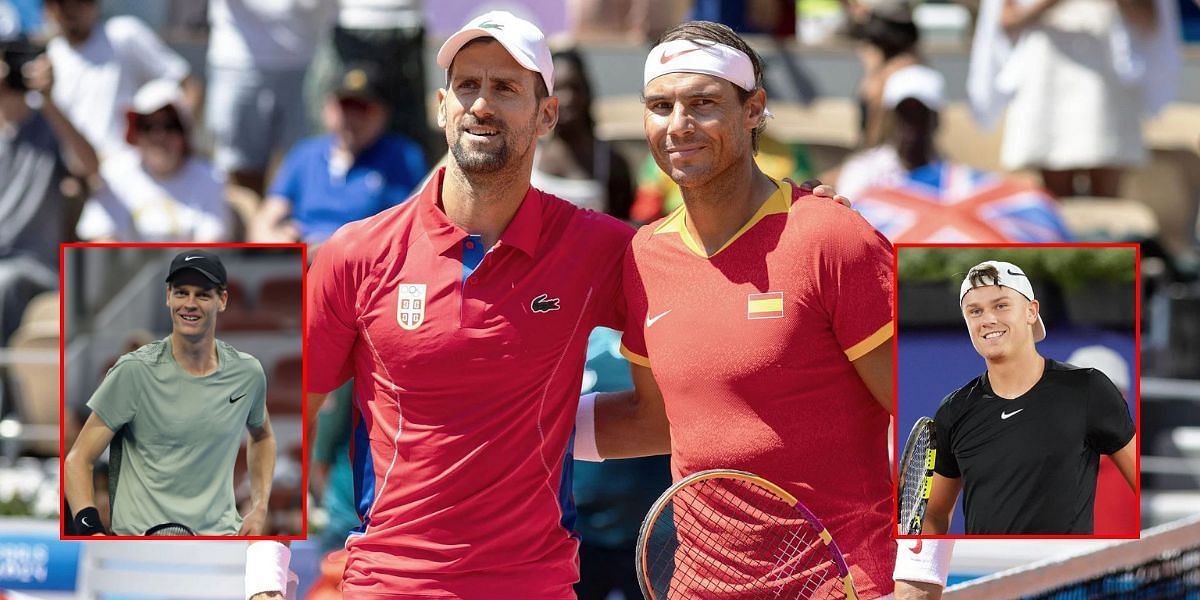 (L-R) Jannik Sinner (inset), Novak Djokovic, Rafael Nadal, Holger Rune (inset) (Images via GETTY)