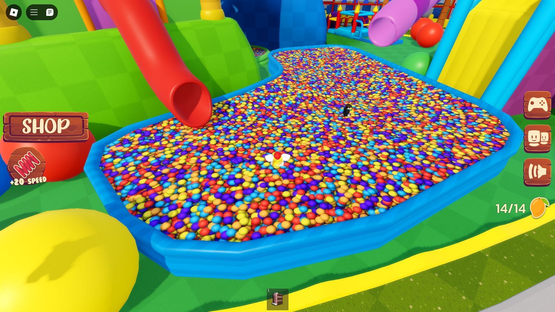 Two Mangoes can be found in the bouncy ball pool (Image via Roblox)