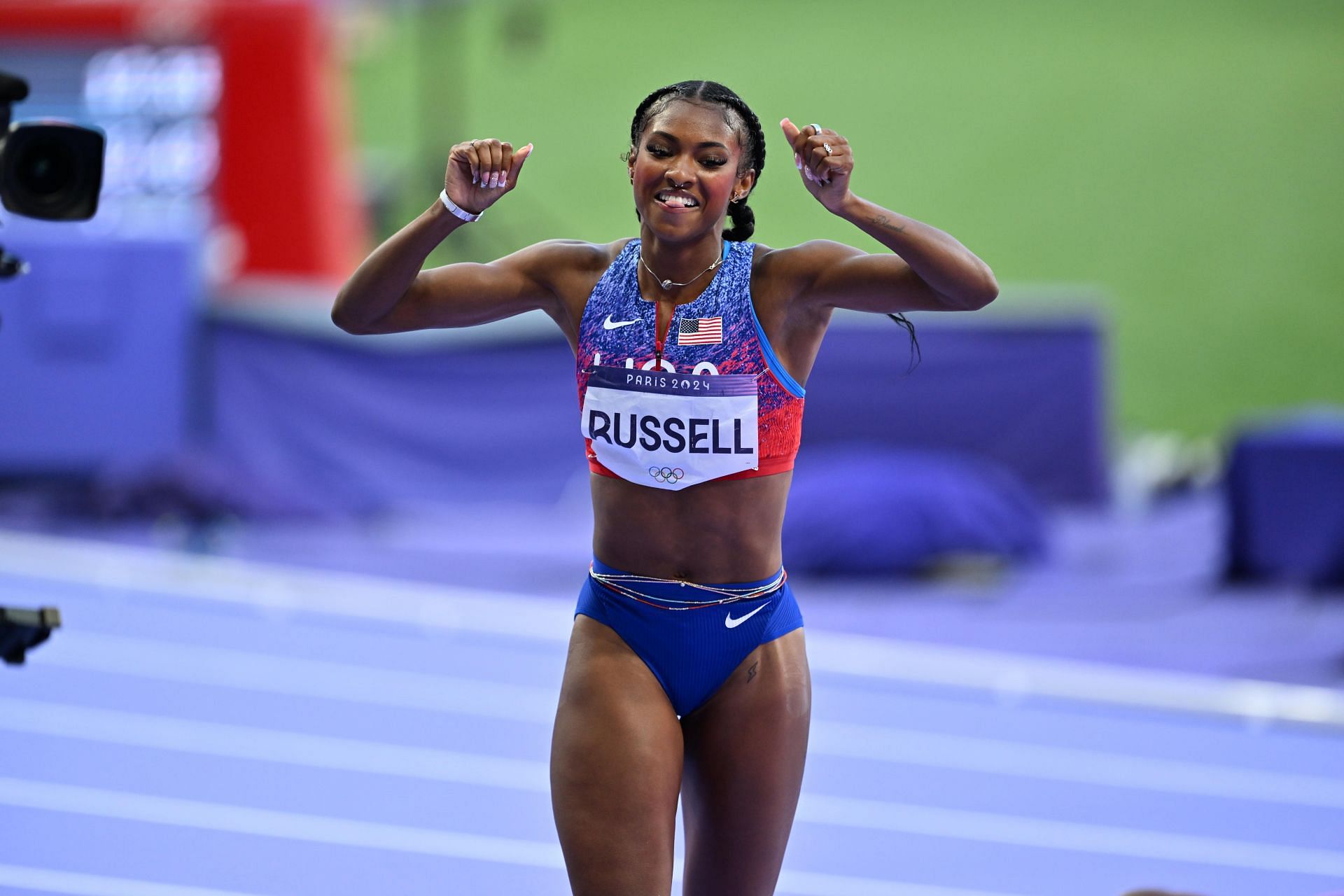 Russell after winning her 100m hurdles event on the 15th day of the 2024 Paris Olympics (Image via Getty)