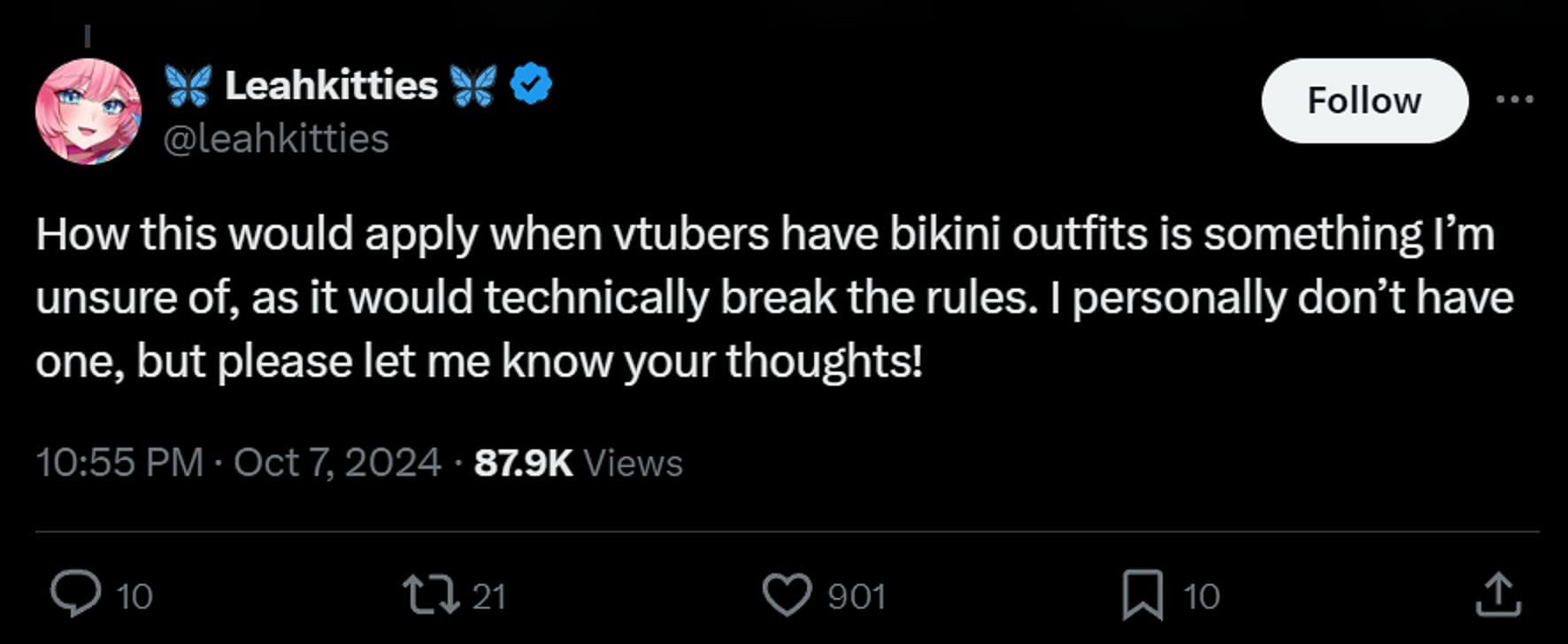 Leahkitties unsure how the policy would work with VTubers with bikinis (Image via X/Leahkitties)