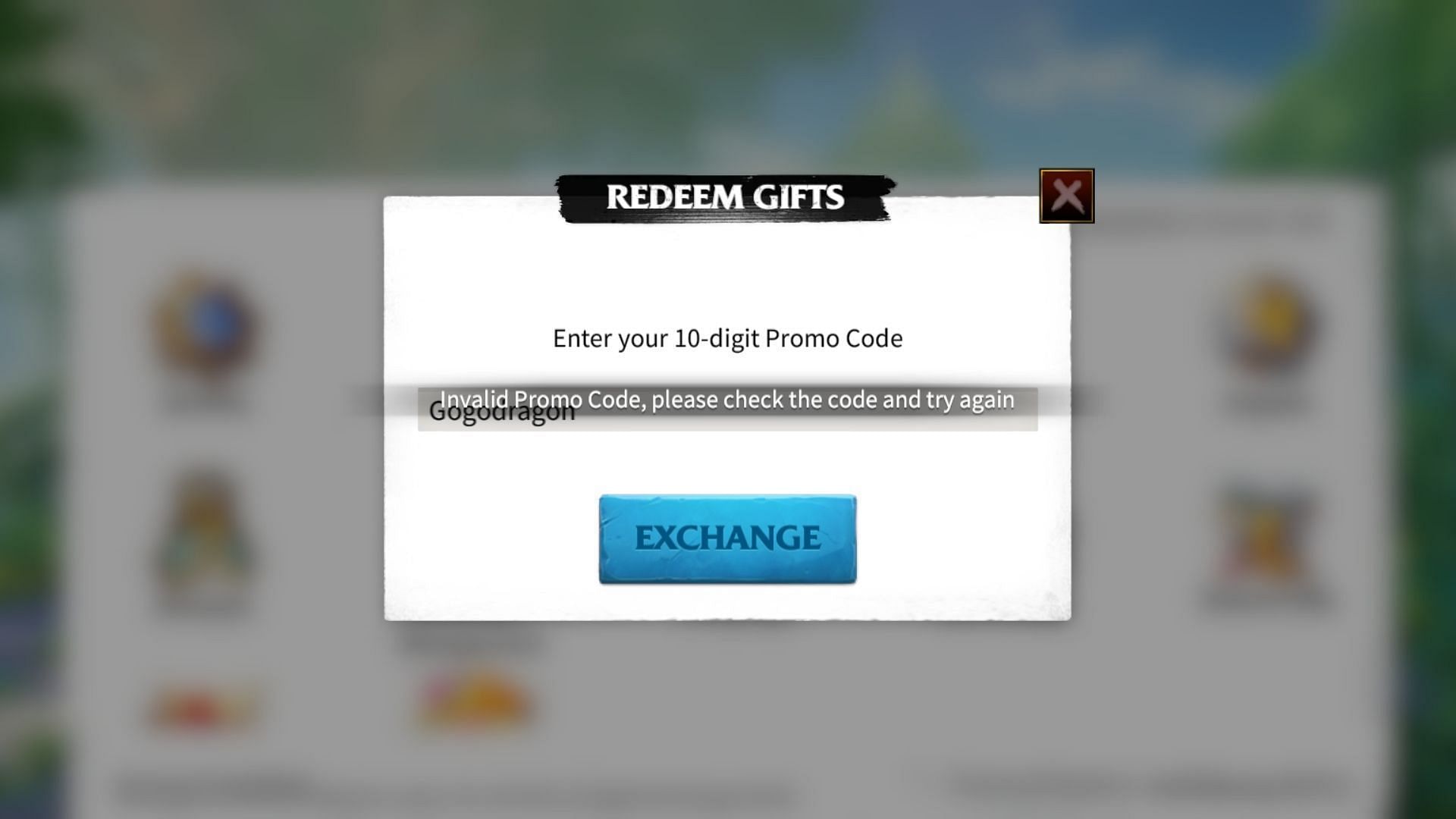 Error on entering expired codes in Call of Dragons (Image via Farlight Games)