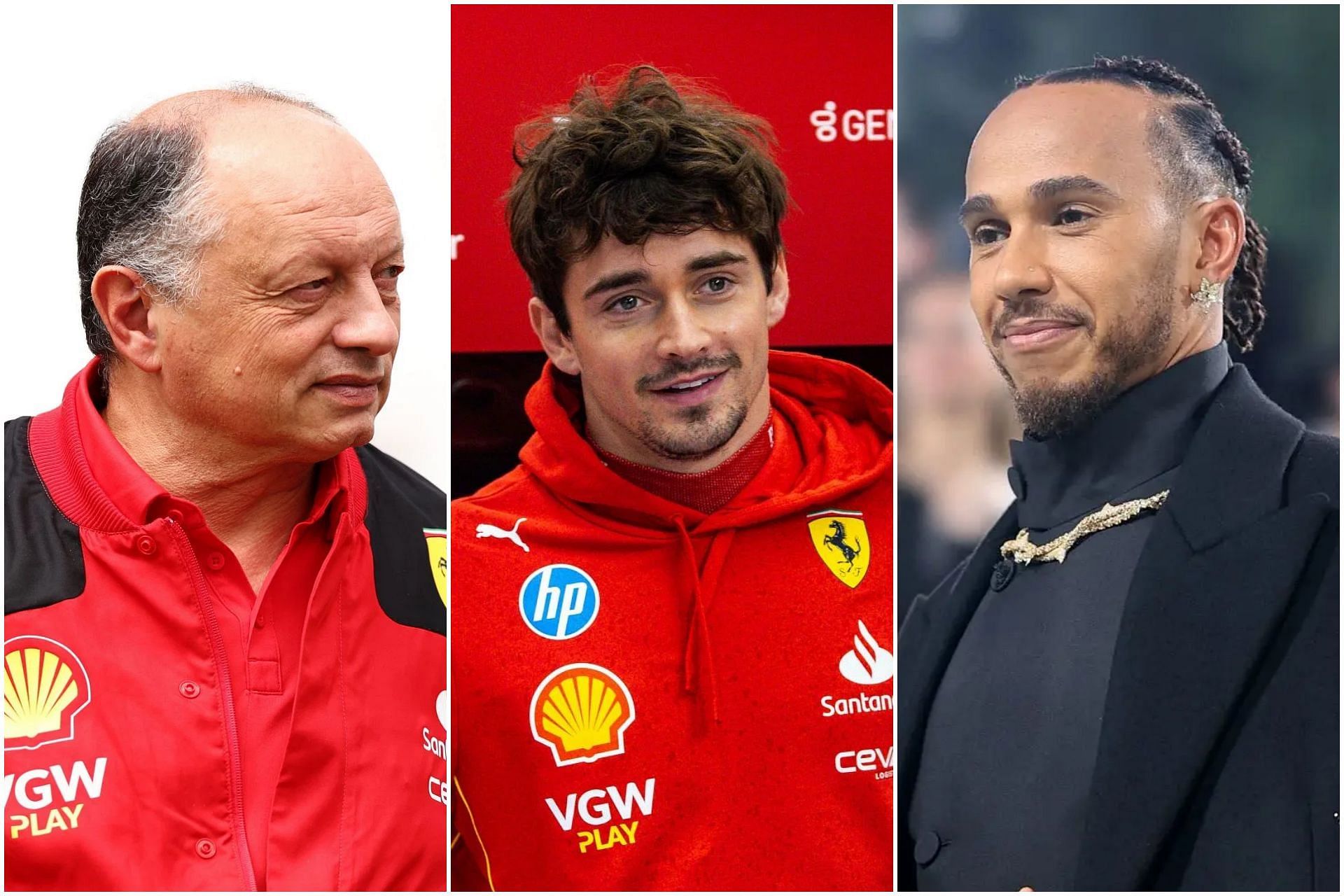 Frederic Vasseur (L), Charles Leclerc (C), and Lewis Hamilton (R) (Images via Getty)