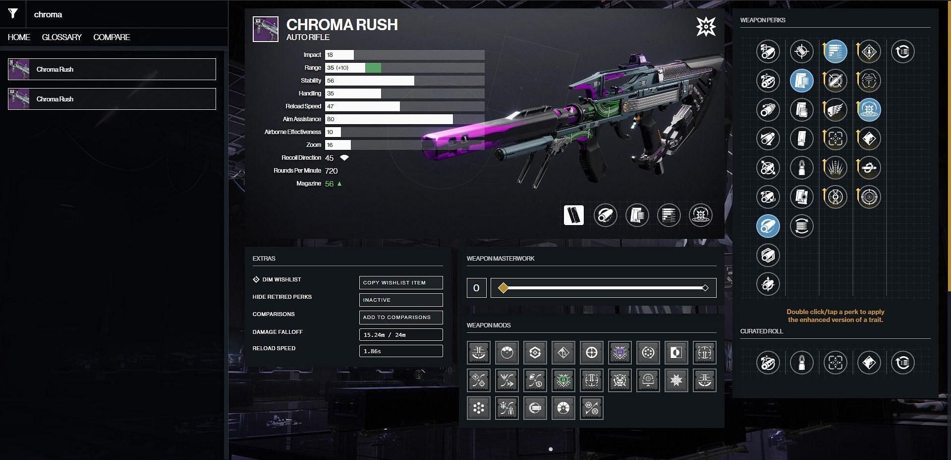 Chroma Rush PvE god roll (Image via Bungie/D2 Gunsmith)