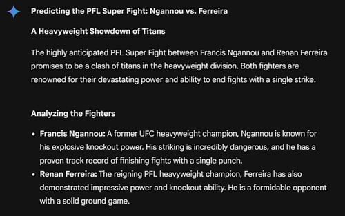 Screenshot of Google's AI prediction for Francis Ngannou vs. Renan Ferreira