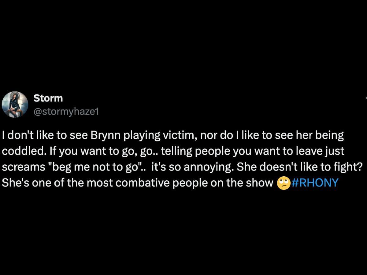 The Real Housewives of New York fans criticize Brynn (Image via X/@stormyhaze1)