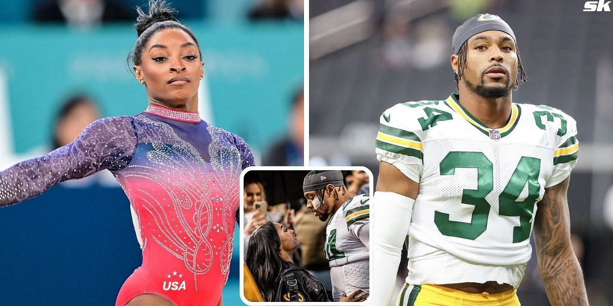 Jonathan Owens opens up on Simone Biles being critical of him after learning about football. PHOTO: Left and Right from Getty, Center (Instagram/ @simonebiles)