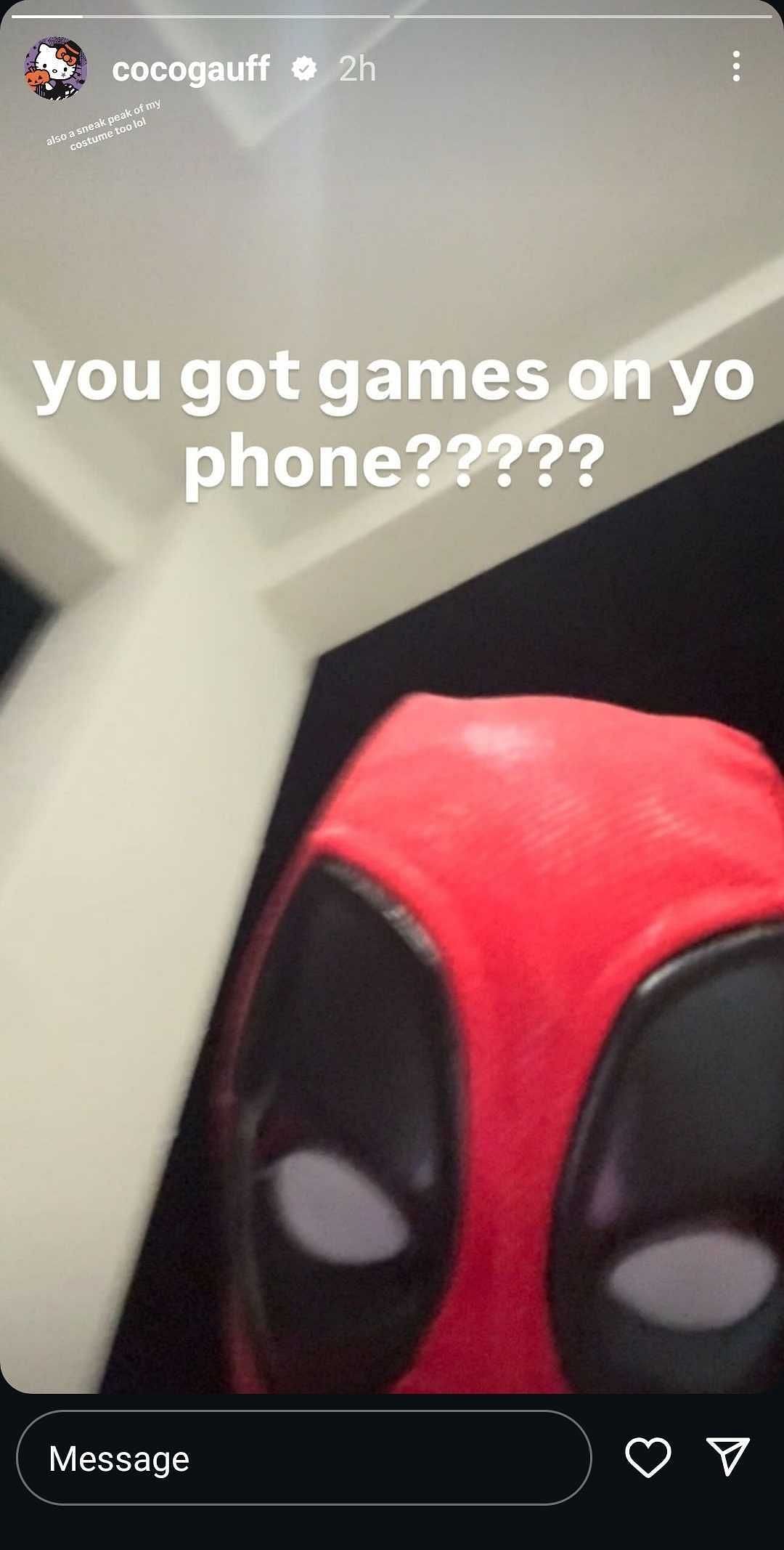 Gauff&#039;s Instagram Story featuring her wearing a Deadpool mask (Source: Instagram/Coco Gauff)