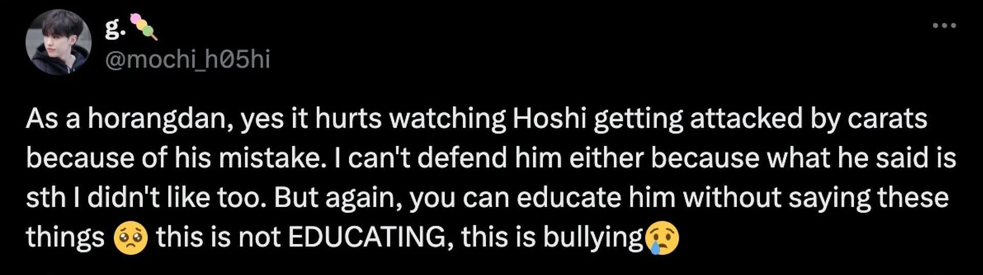 A fan criticized netizens for allegedly harassing SEVENTEEN&#039;s Hoshi online (Image via X/@mochi_h05hi)