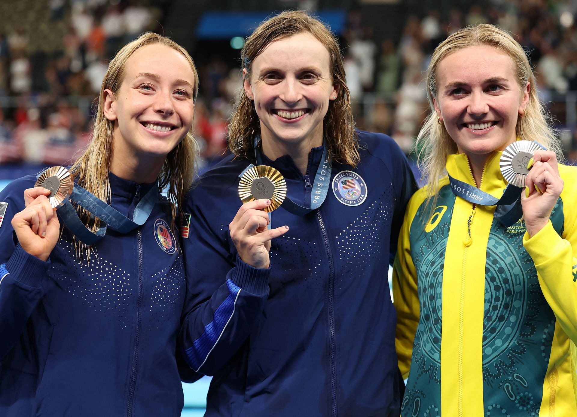 Katie Ledecky (C), Ariarne Titmus (R) and Paige Madden (L) after the Women&#039;s 800m Freestyle Final at Paris Olympics (Image Source: Getty)