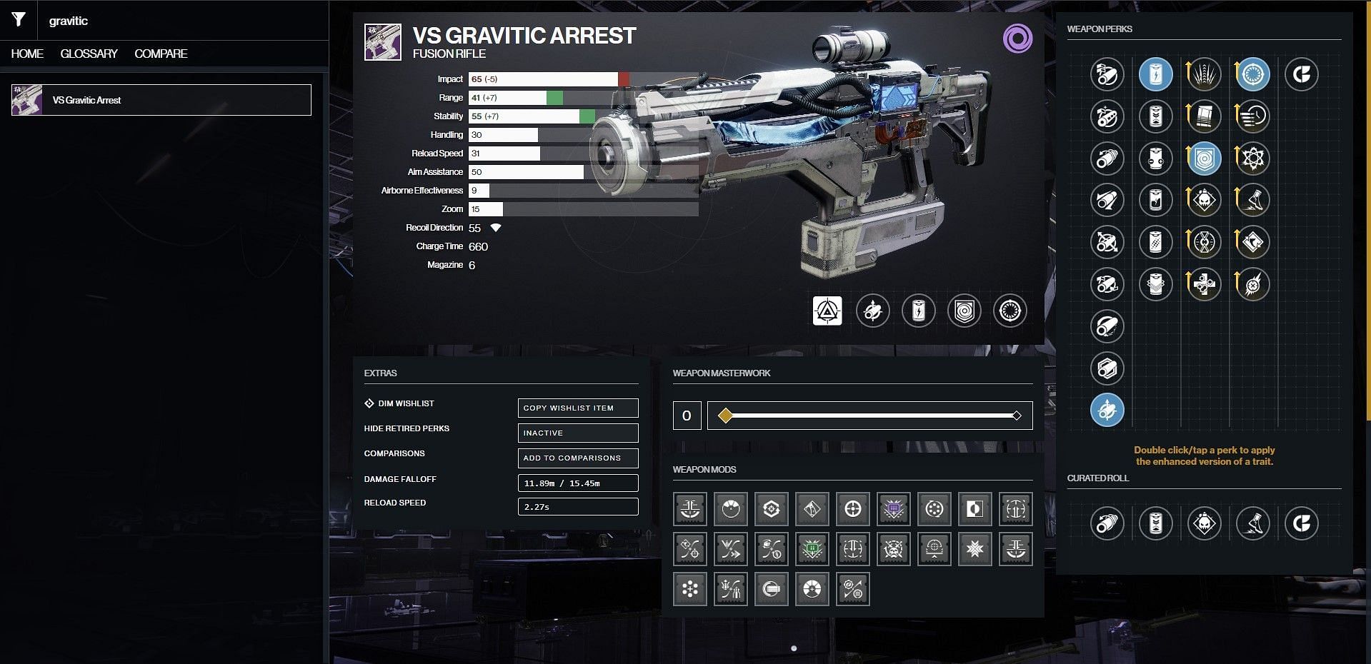 VS Gravitic Arrest PvE god roll in Destiny 2 (Image via Bungie/D2Gunsmith)