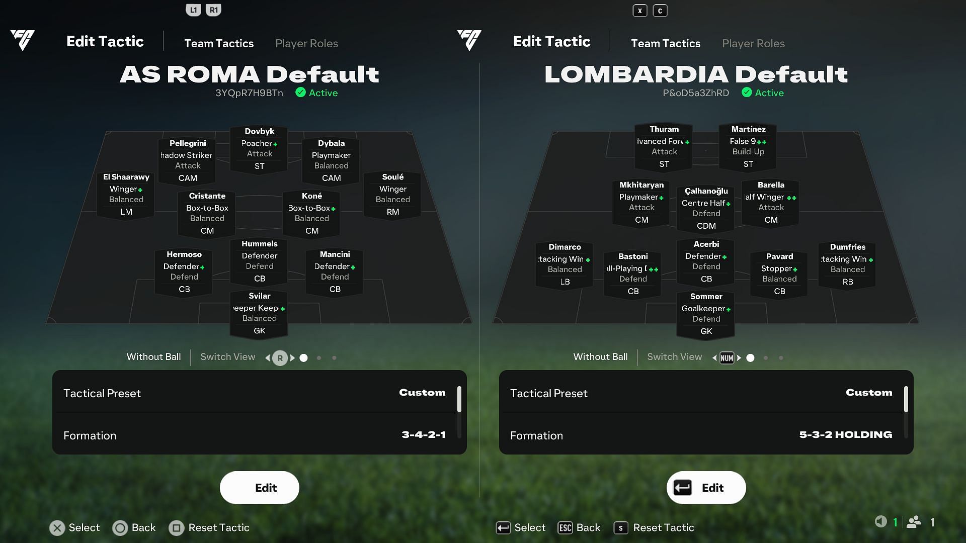 AS Roma and Lombardia FC&#039;s preset tactics and formations (Image via EA Sports)