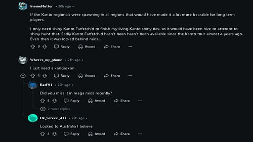 Many players also discuss the region-exclusive spawns Niantic has kept since the game's launch (Image via Reddit)