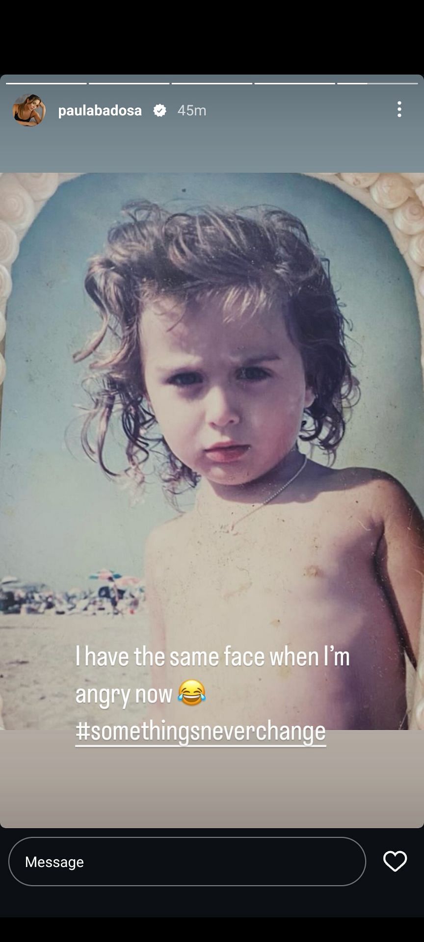 Paula Badosa&#039;s Instagram Story featuring her &#039;angry&#039; childhood photo (Source: Instagram/Paula Badosa)