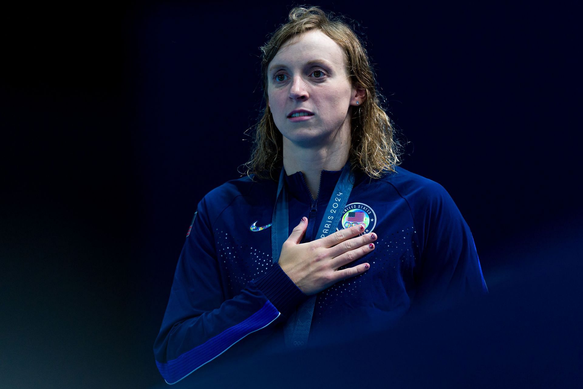 Katie Ledecky during the Mixed 4x400m medley at the Paris Olympics (Image via; Getty)