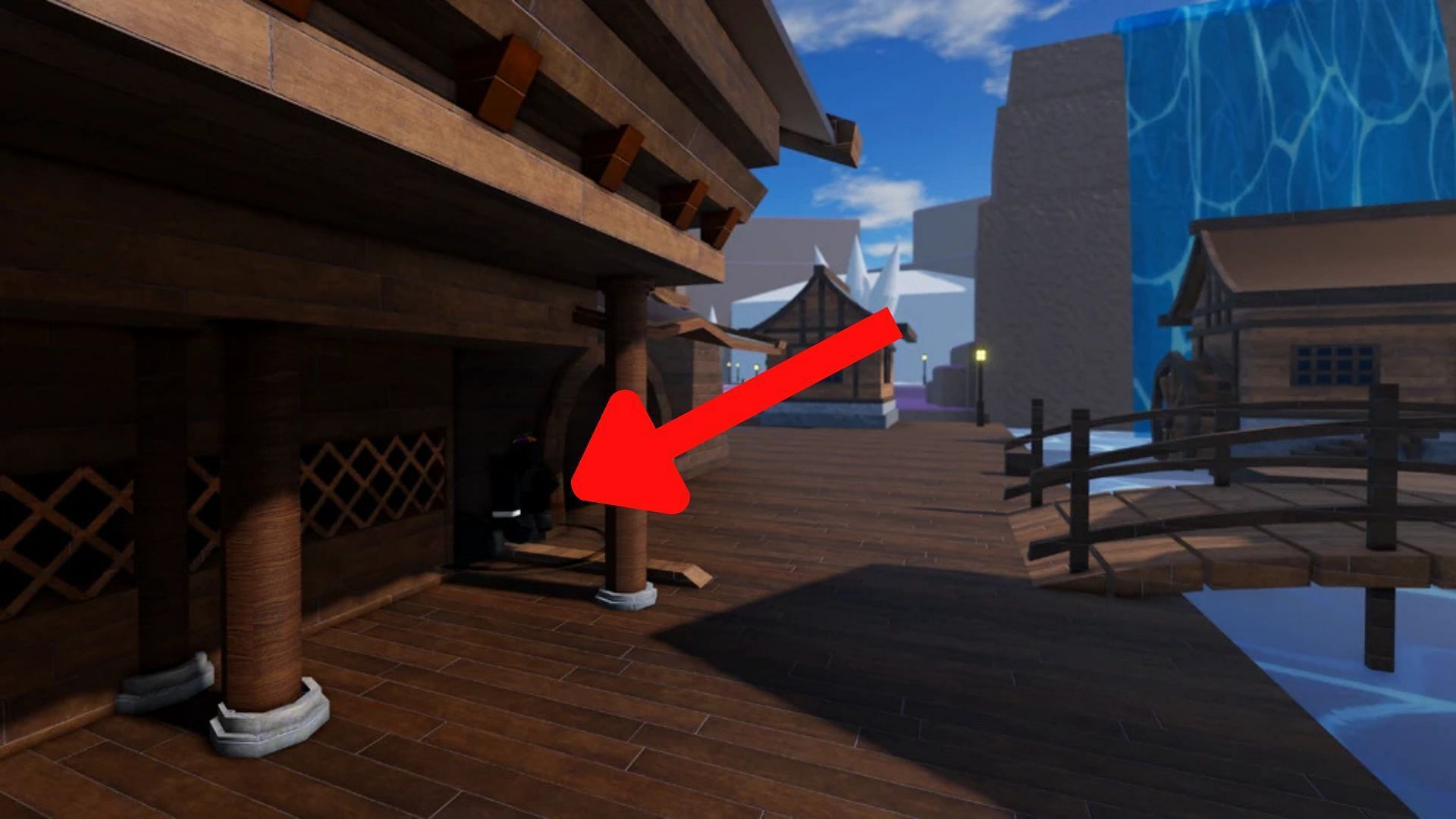 Find the Black Market NPC before the waterfall in the Floating Village (Image via Roblox @ Wiki)