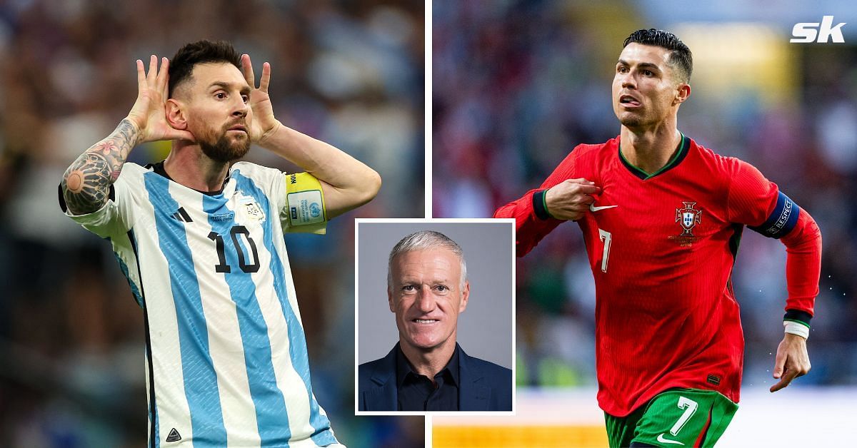 Lionel Messi (left), Cristiano Ronaldo (right), Didier Deschamps (inset)