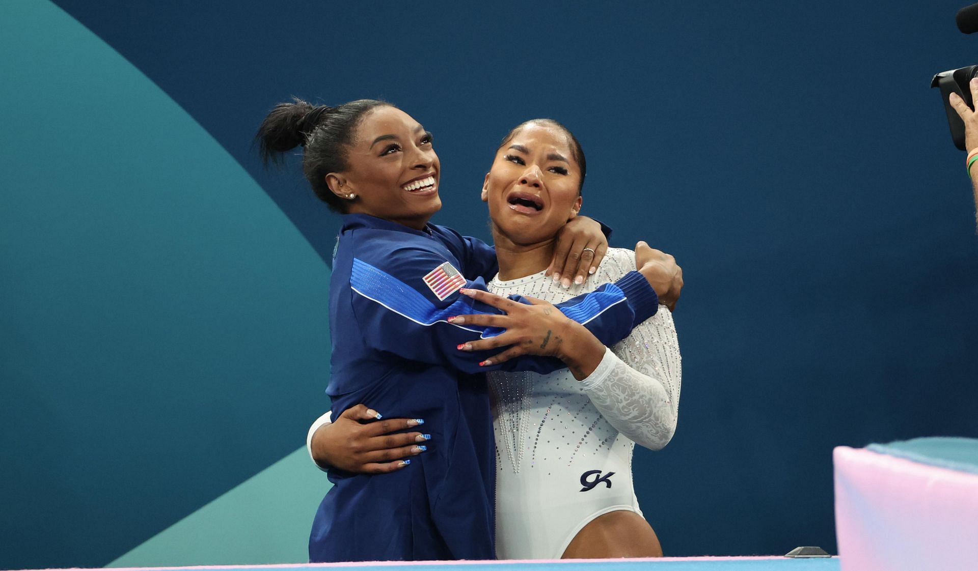 Simone Biles and Jordan Chiles celebrating after the floor exercise finals at the Paris Olympics 2024 [Image Source : Getty]