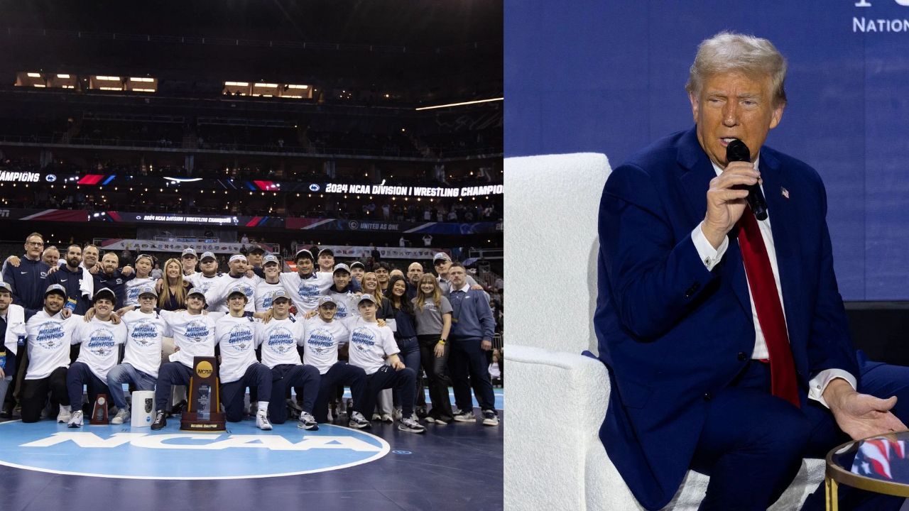 Penn State wrestling team and Donald Trump (Images via: Both Getty)