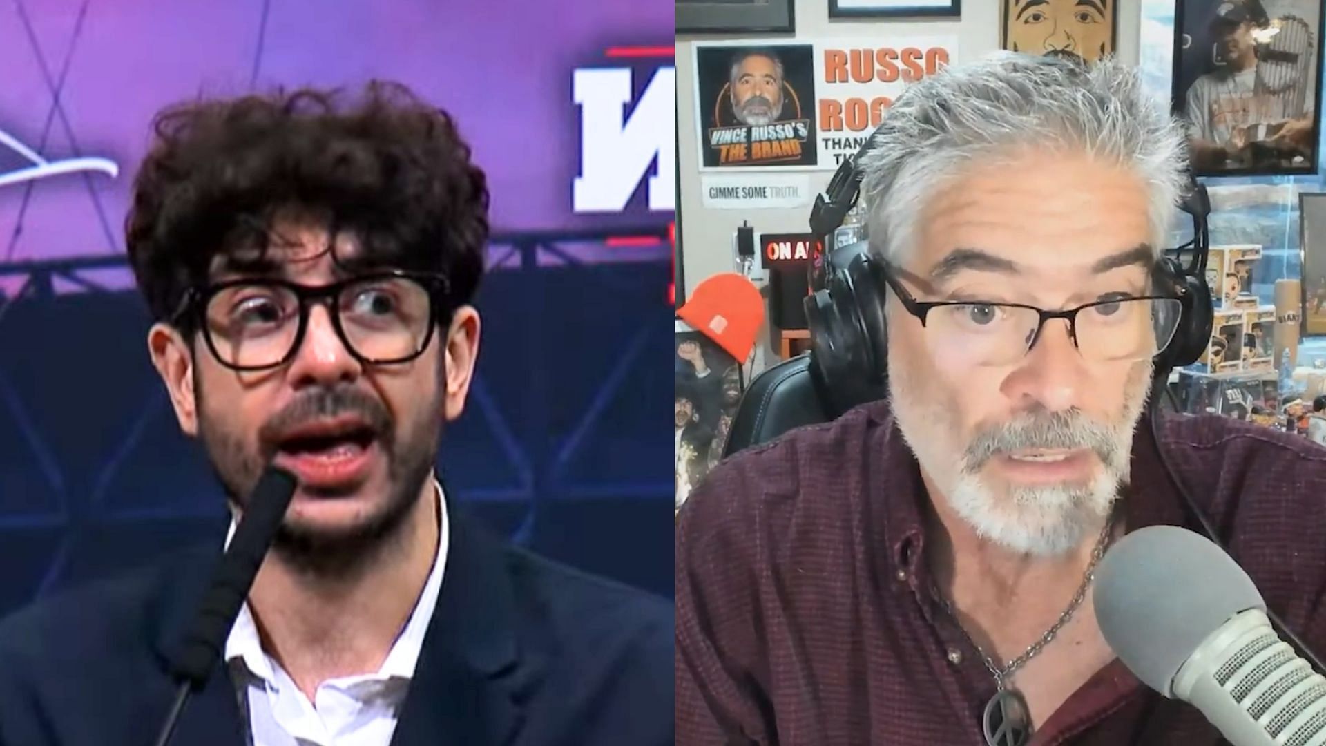 Tony Khan and Vince Russo. (Image via AEW YT and The Coach &amp; Bro Show) 