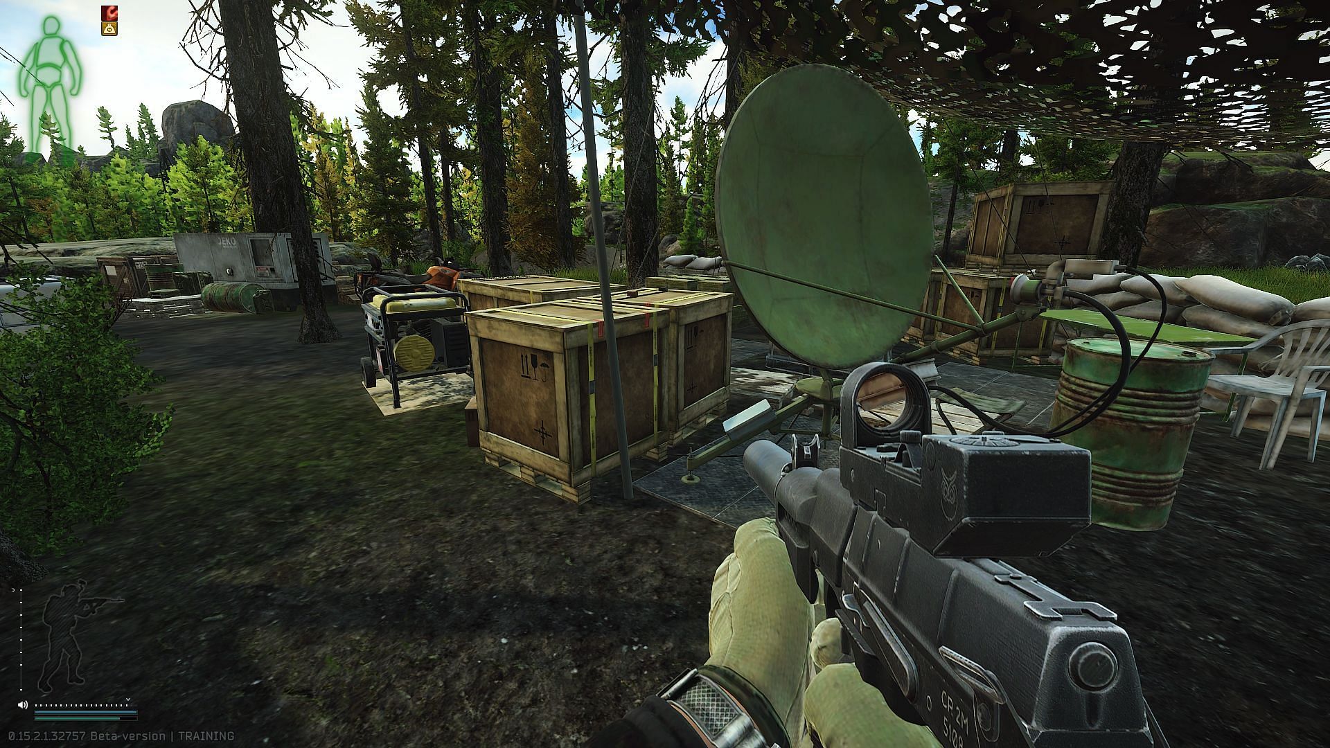 The satellite antenna and the boxes behind it in the second USEC camp (Image via Battlestate Games)