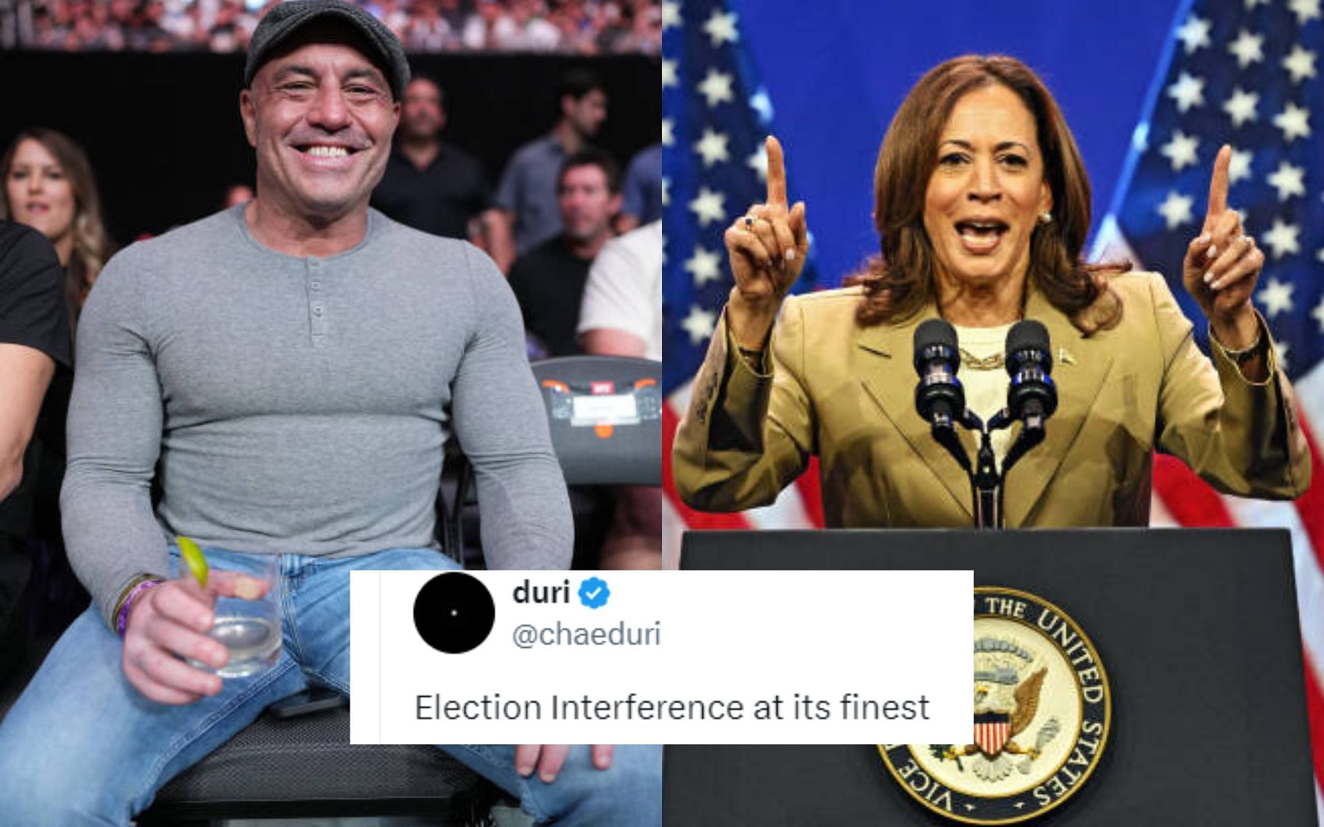 Fans react to Joe Rogan (left) taking a dig at Kamala Harris (right). [Images courtesy: Getty]