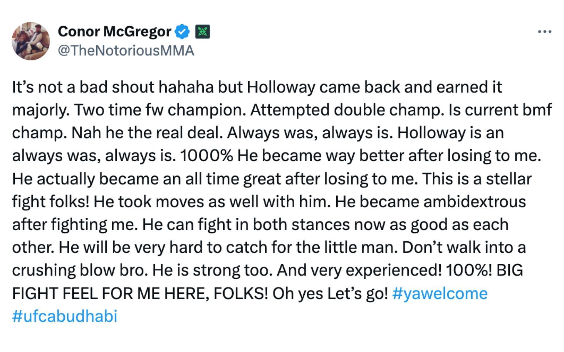 Conor McGregor's post lauding Max Holloway's achievements. [Screenshot courtesy: @TheNotoriousMMA via X]