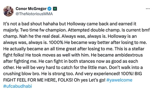 Conor McGregor's post lauding Max Holloway's achievements. [Screenshot courtesy: @TheNotoriousMMA via X]