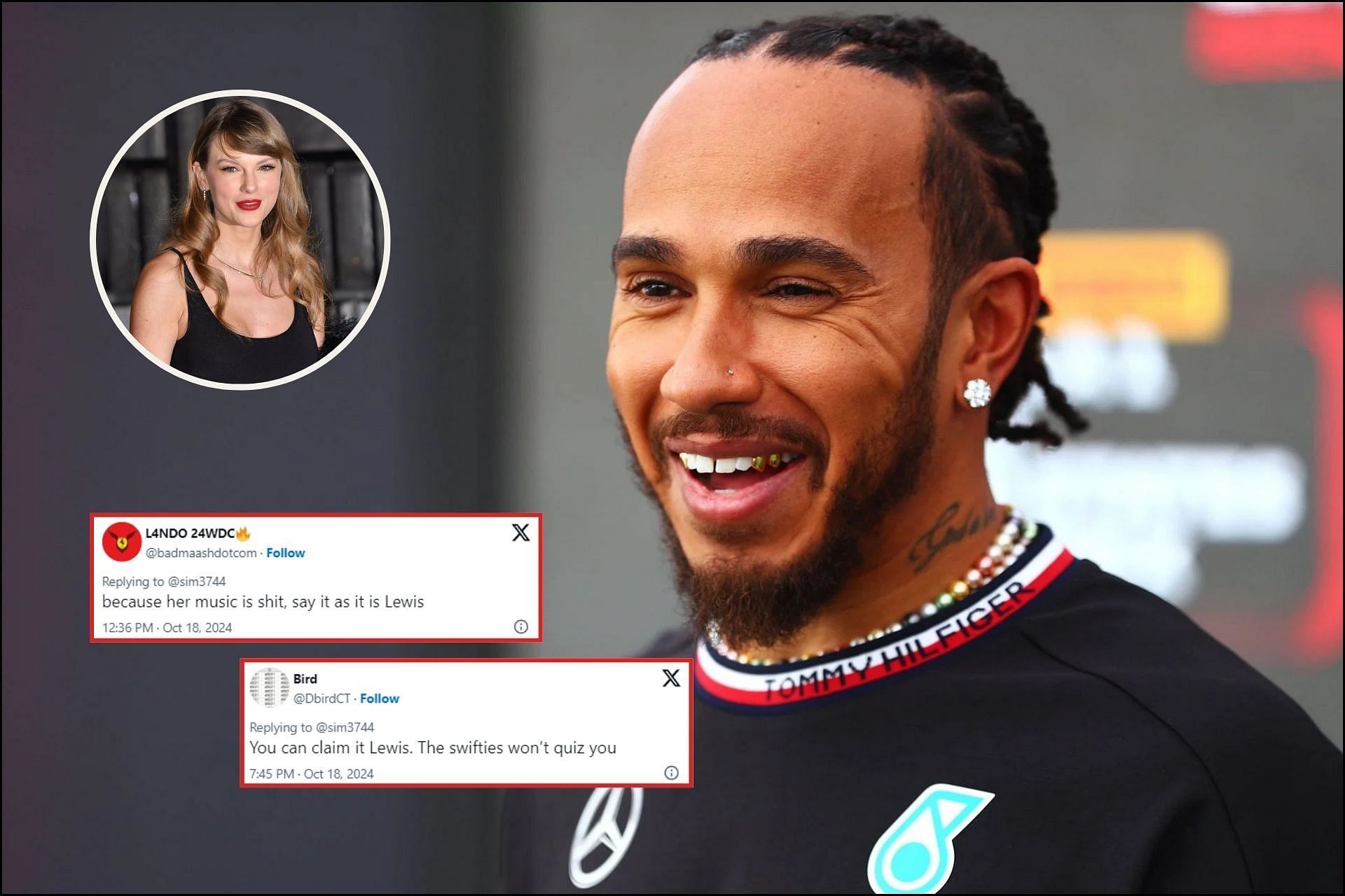 Lewis Hamilton&rsquo;s recent comments on cause uproar in the F1 community (Images from @badmaashdotcom and @DbirdCT on X and Getty Images)