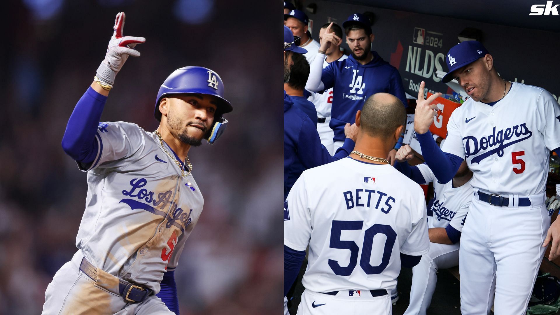 Freddie Freeman of the Los Angeles Dodgers meets with Mookie Betts in the dugout before Game 5 of the NLDS against the San Diego Padres at Dodger Stadium (Source: Getty)