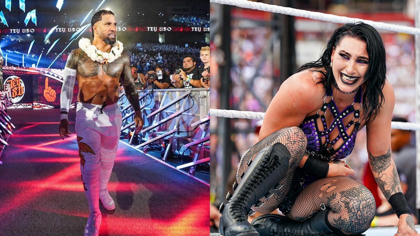 Jey Uso (L); Rhea Ripley (R) [Pics from WWE.com]