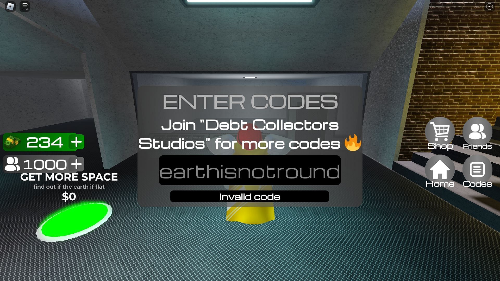 Troubleshooting codes for The Earth is Flat Tycoon (Image via Roblox)