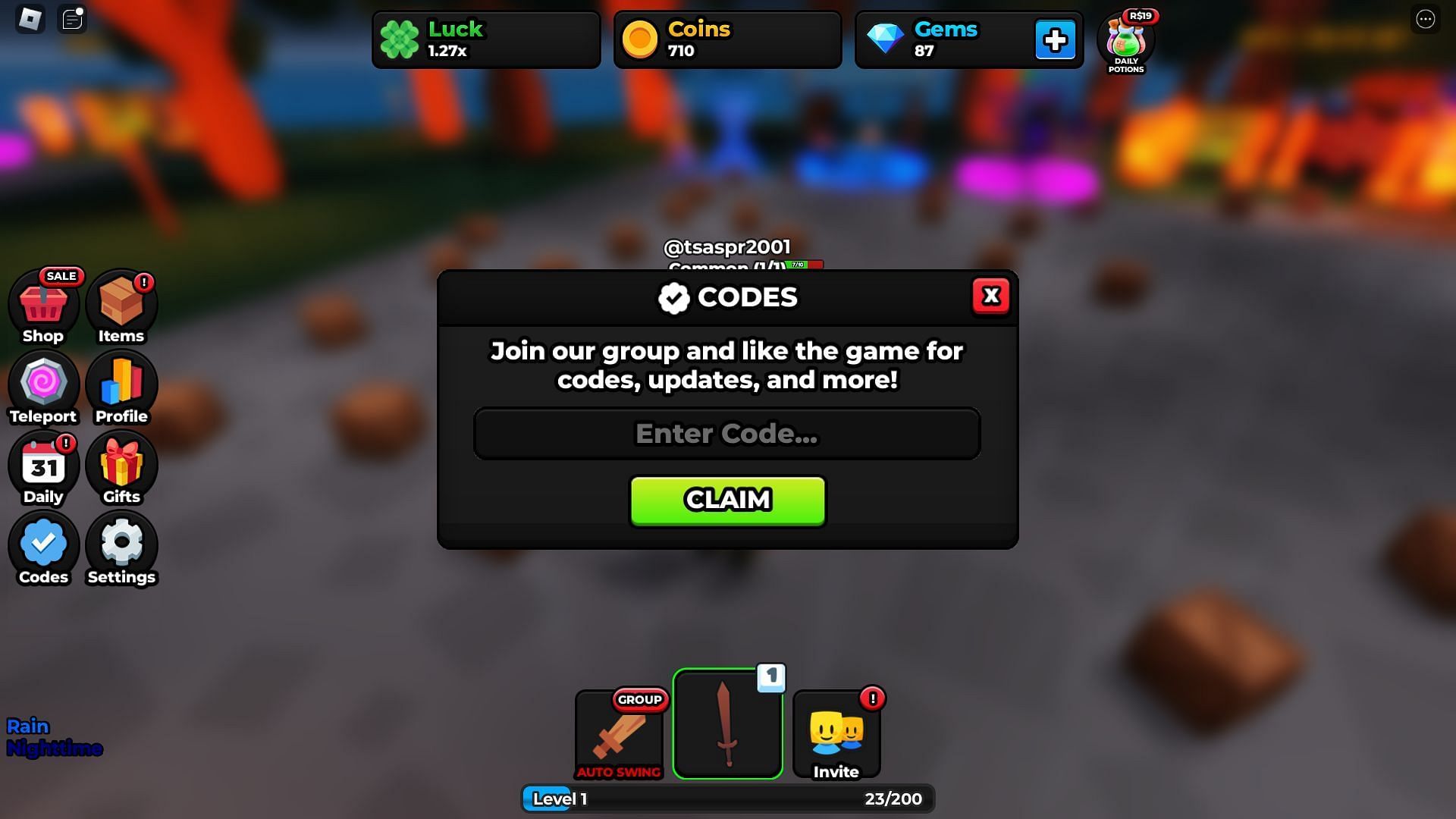 Code box in RNG Odyssey (Image via Roblox)