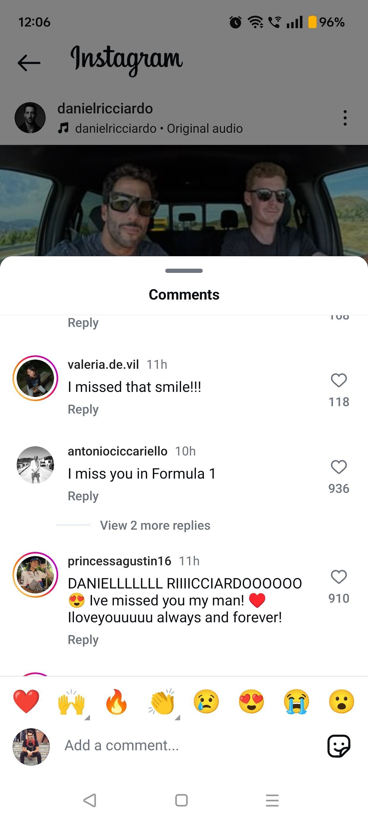 Fan comments on Daniel Ricciardo..credits-Instagram