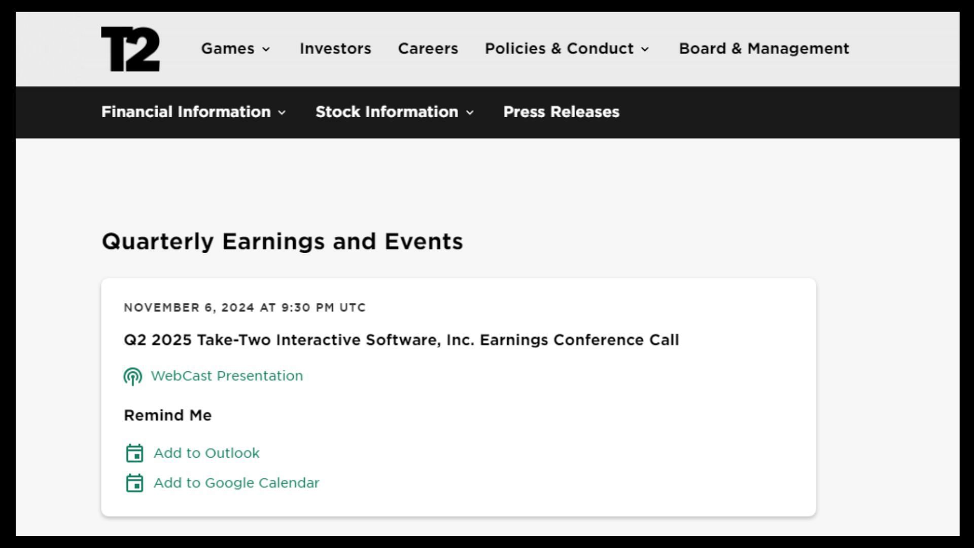 Official date and time of the next Take-Two earnings call. (Image via Take-Two Interactive)