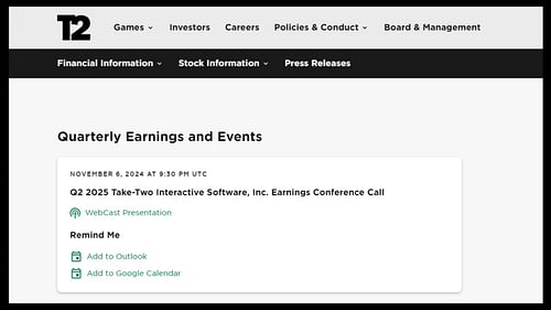 Official date and time of the next Take-Two earnings call. (Image via Take-Two Interactive)