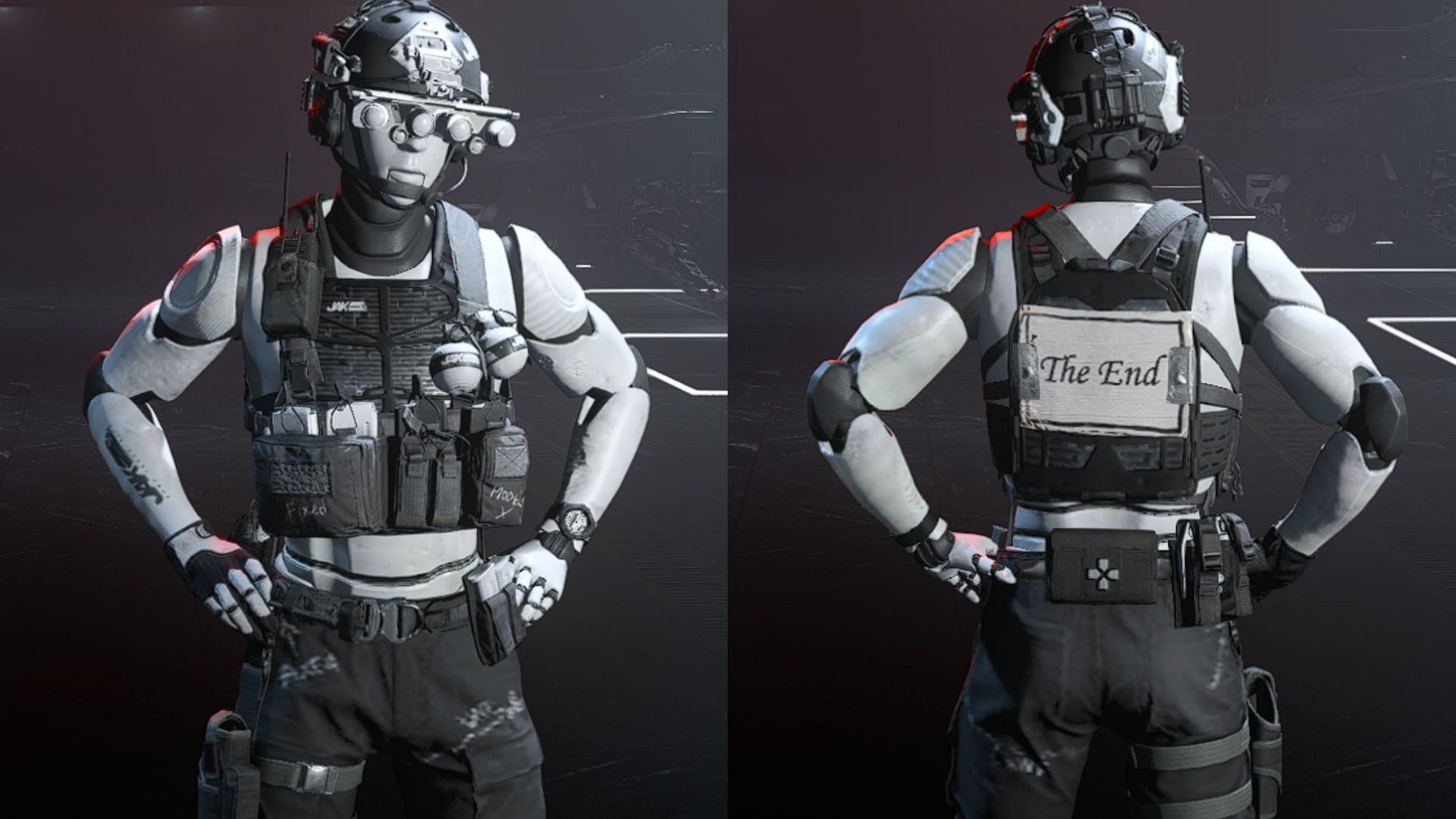 Preview of the front and back of the Batch Test and Balloon Test Operator skins in MW3