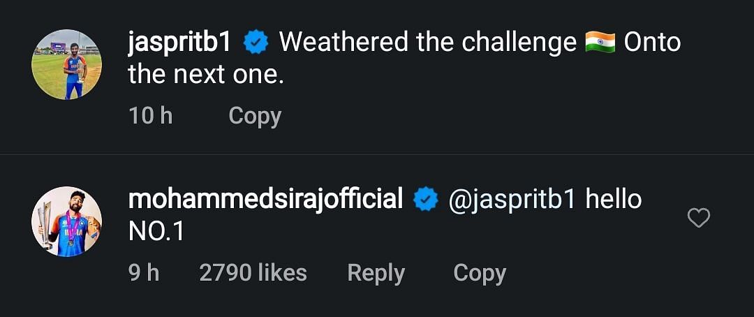 Siraj drops a comment on Jasprit Bumrah’s latest Instagram post (Image via Instagram-@jaspritb1)