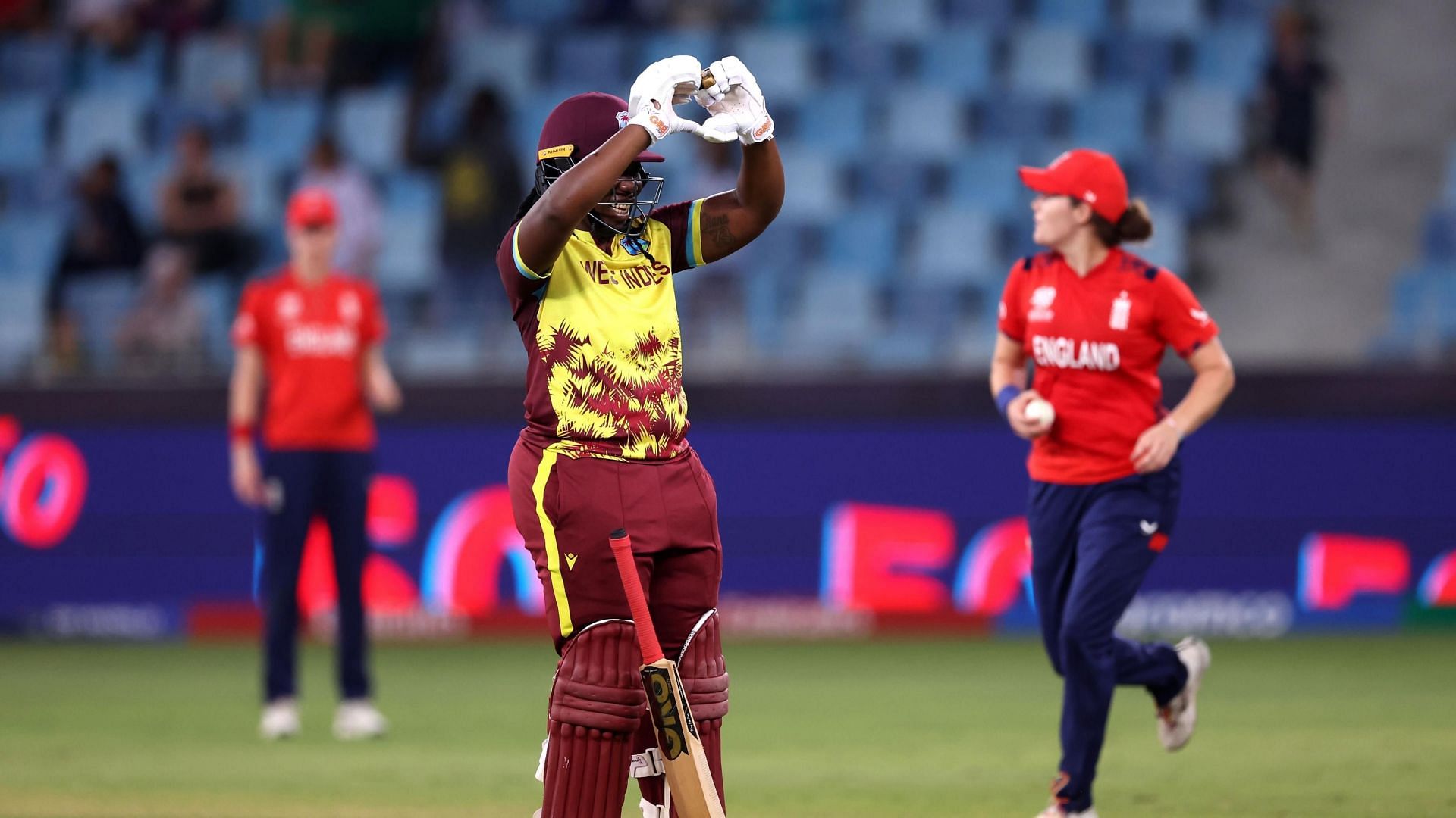 Qiana Joseph celebrating after her half-century vs England. (Image: ICC/X)