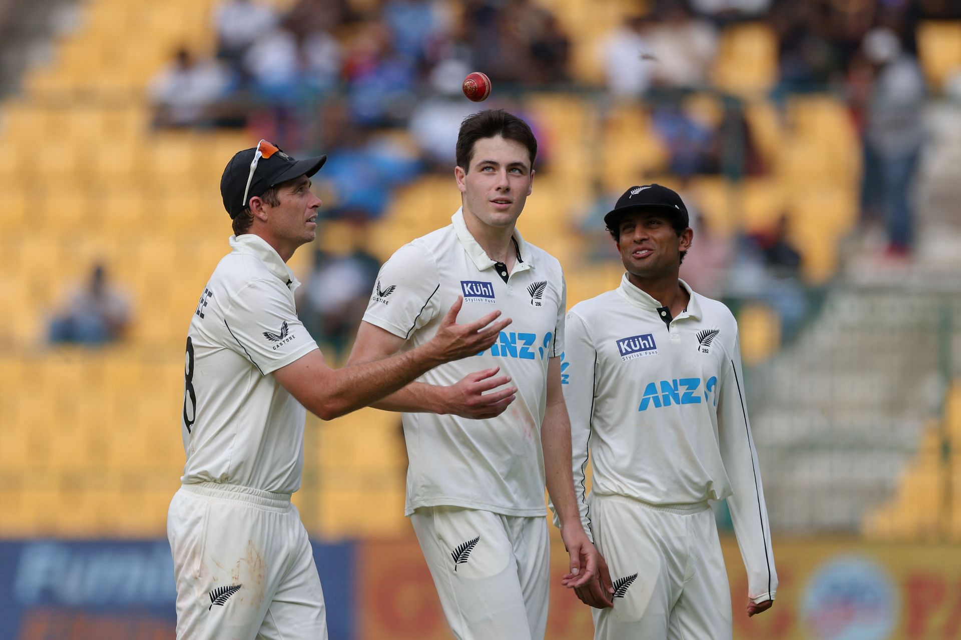 William O'Rourke having a chat with Ravindra and Southee on Day 4. Source: Getty