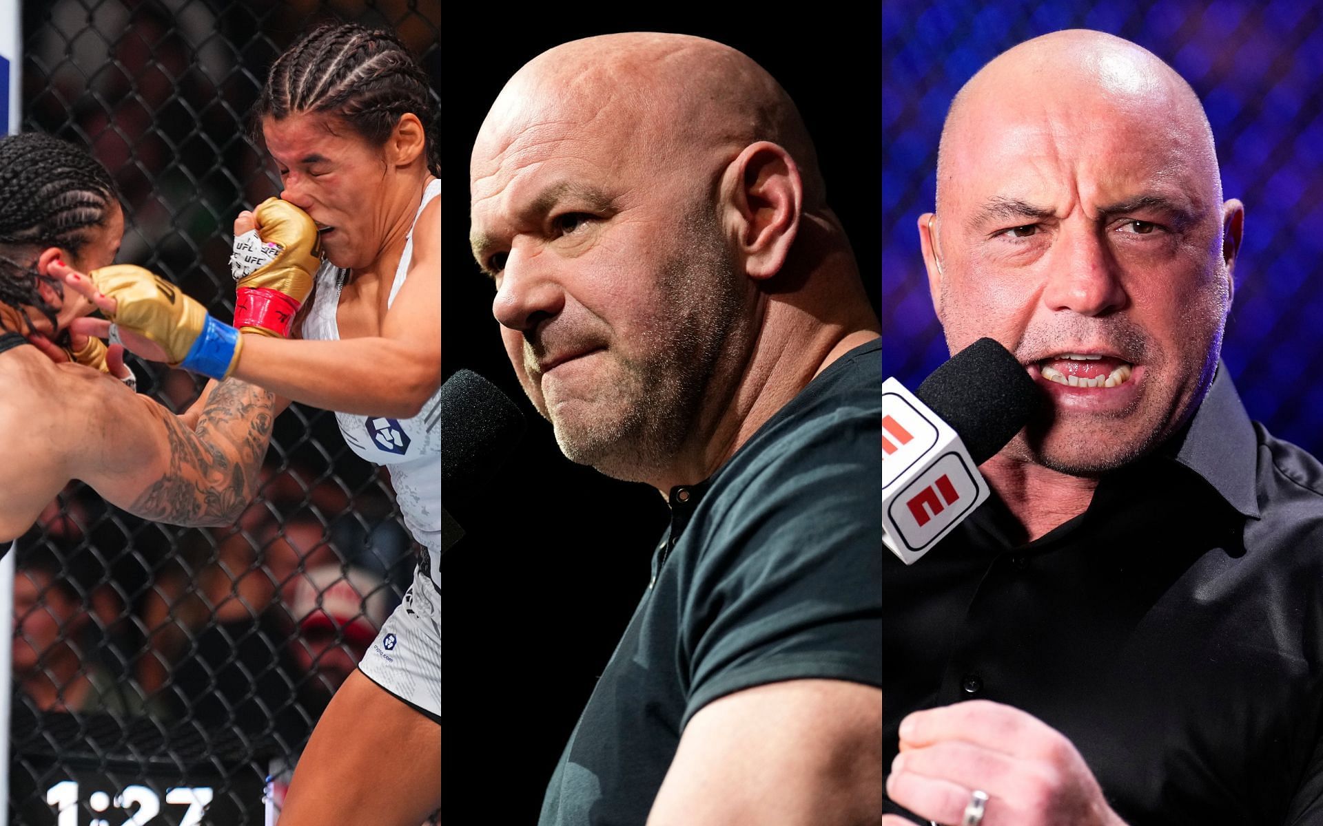 The Raquel Pennington vs. Julianna Pena fight (left) ended in a controversial decision verdict; Dana White (middle) and Joe Rogan (right) later addressed the same [Images courtesy: Getty Images]