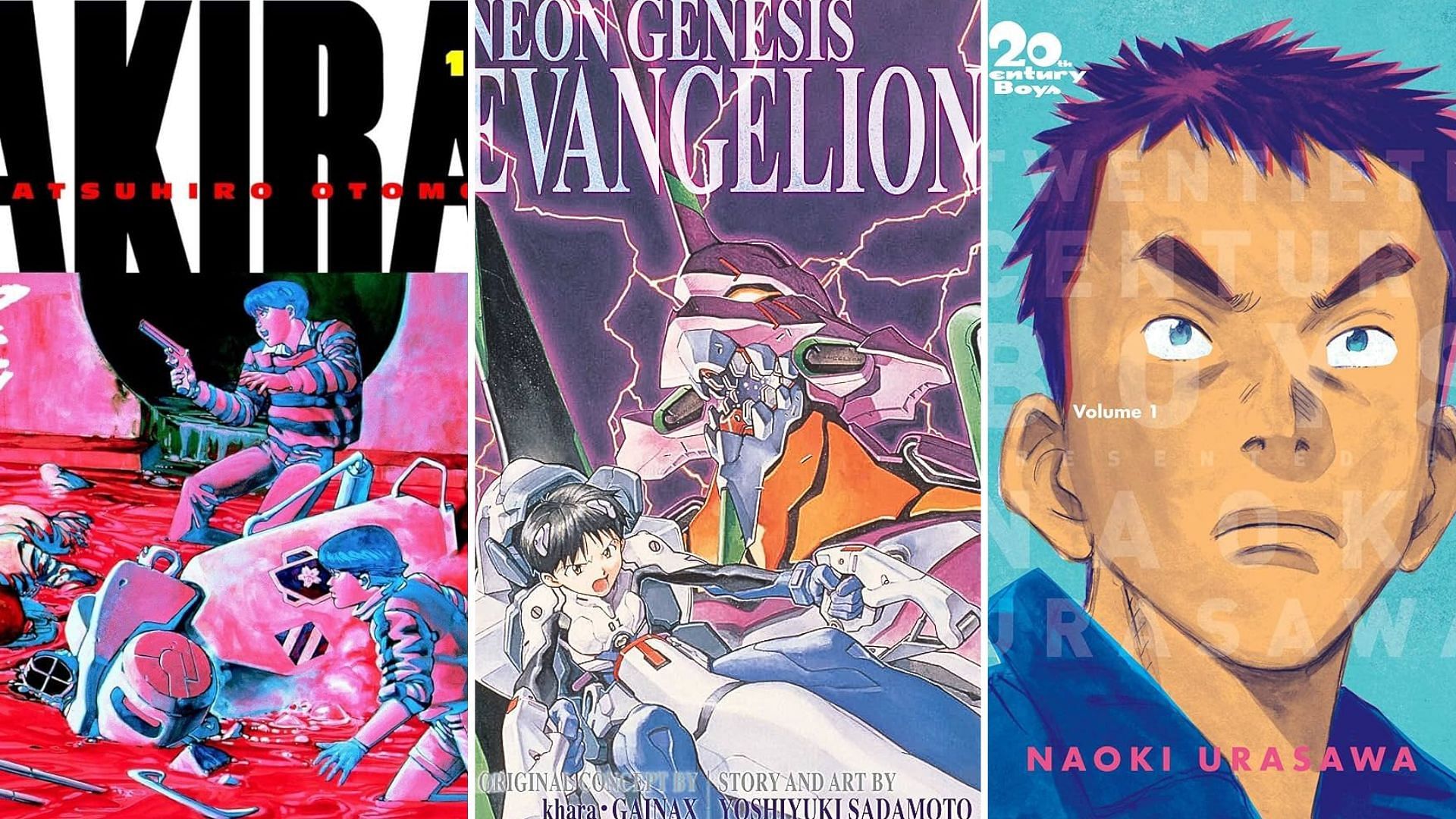 Akira by Katsuhiro Otomo, Neon Genesis Evangelion by Yoshiyuki Sadamoto, 20th Century Boys by Naoki Urasawa 