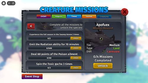 Creature Missions for Apofeux (Image via Roblox)