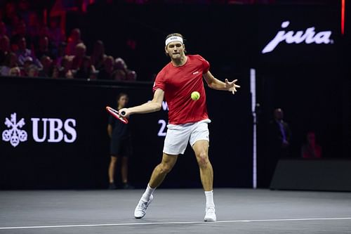 Taylor Fritz in action at the 2024 Laver Cup (Source: Getty)